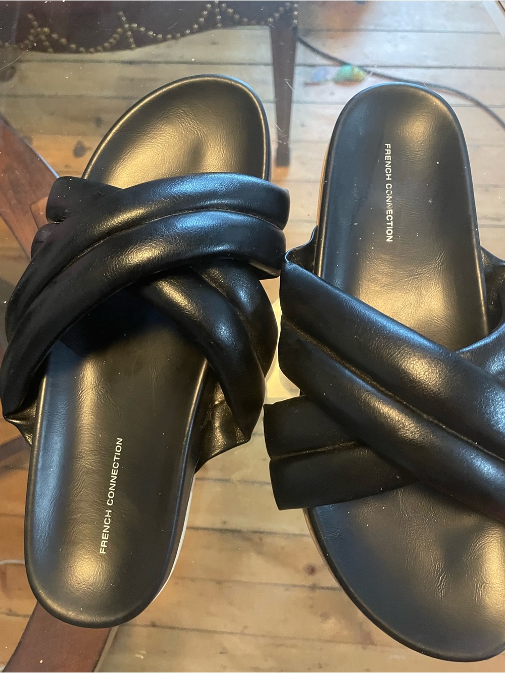 French Connection Black Twisted Crisscross Slide Sandals